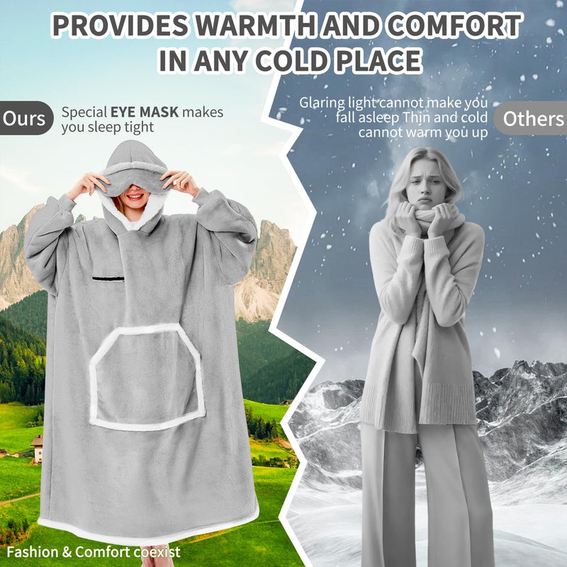 IFNOW Wearable Blanket Hoodie, Oversized Sherpa Fleece Hooded Sweatshirt with Eye Mask, Cozy and Giant Blanket Hoodie with Sleeves Extra Long for Adults Men Women, Grey - Image 3